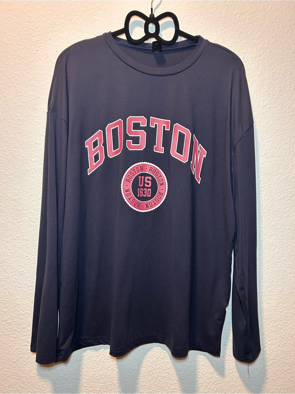 SHEIN Black Long Sleeve Tee with Pink Boston Print
